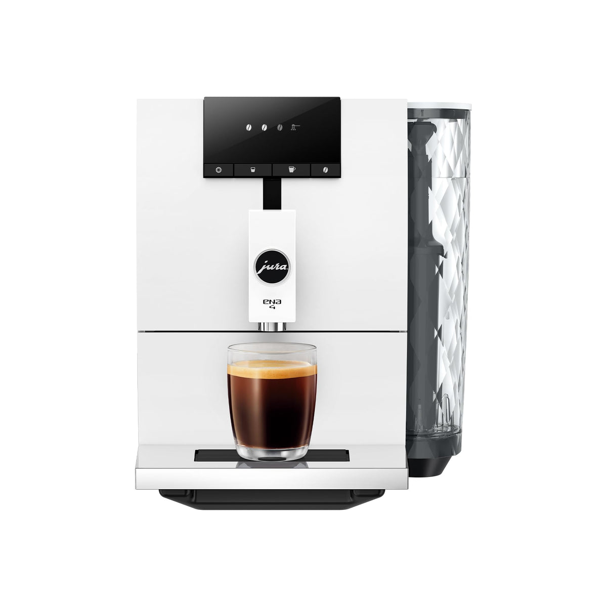 JURA ENA 4 en blanco nórdico con diseño compacto para cocinas pequeñas.