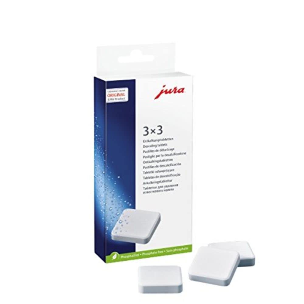 Tabletas descalcificantes Jura, empaque de 27 tabletas, ayudan a prevenir depósitos y mantener el sabor.
