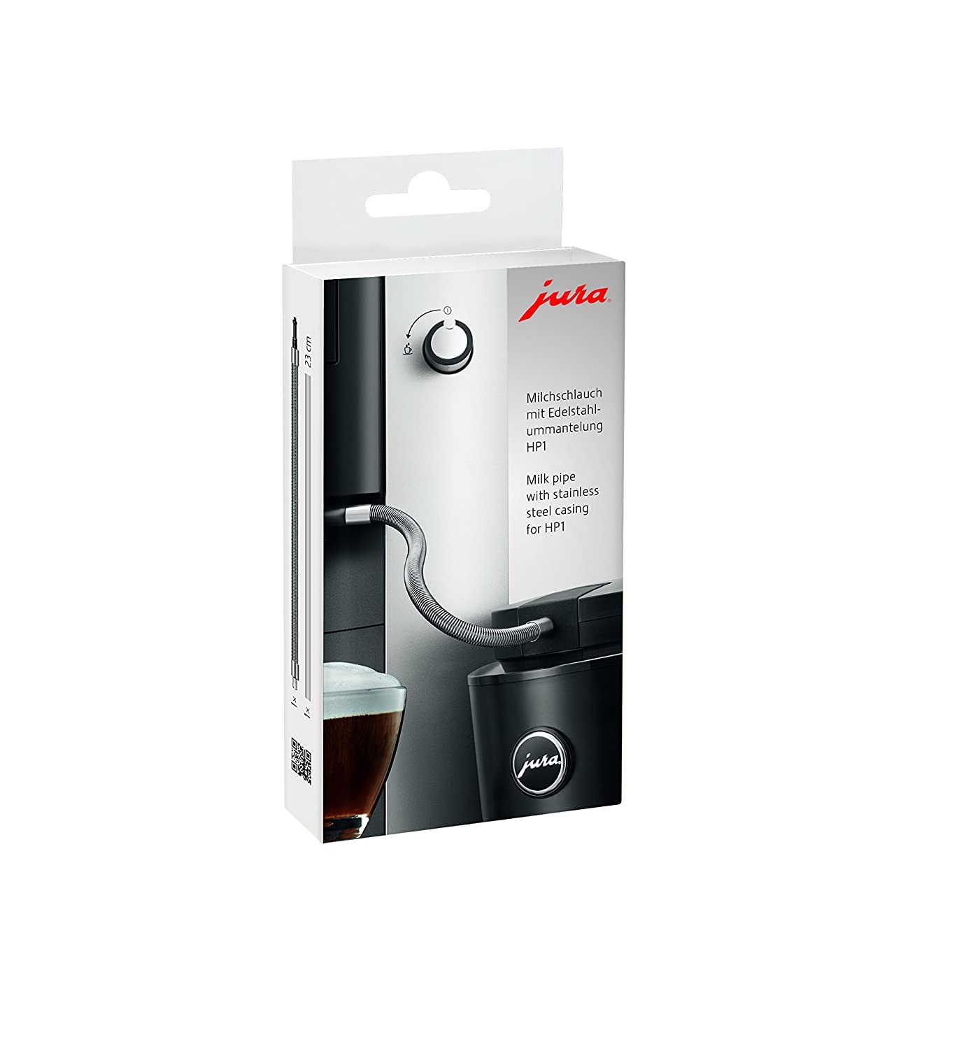 Tubo de leche Jura con carcasa de acero inoxidable para higiene y diseño.