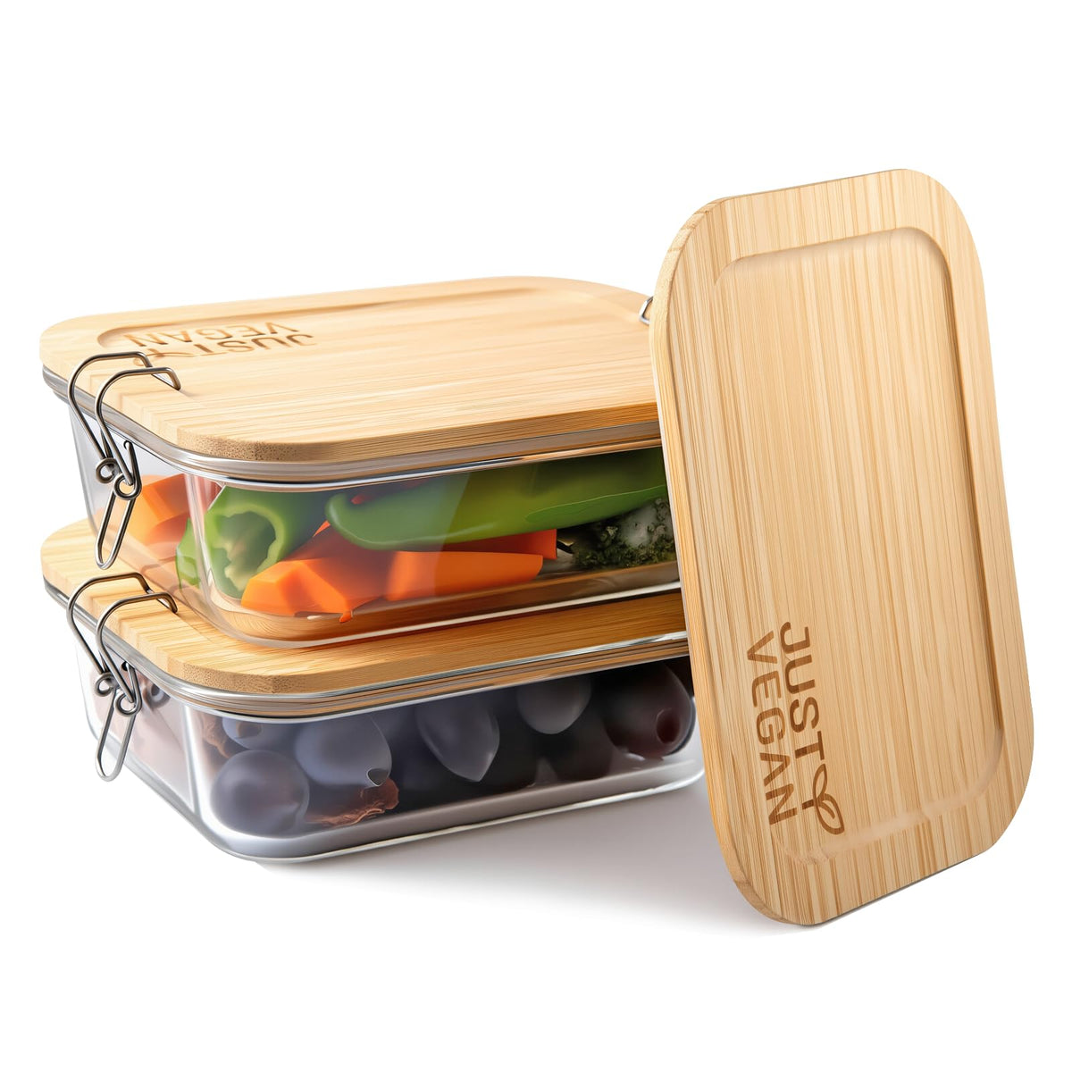 JUST VEGAN recipientes de vidrio con tapas de bambú para almacenamiento hermético.
