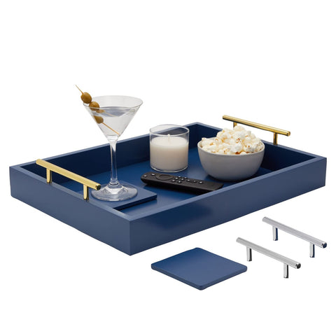 Juvale bandeja azul para centro de sala, ideal como superficie decorativa y funcional.
