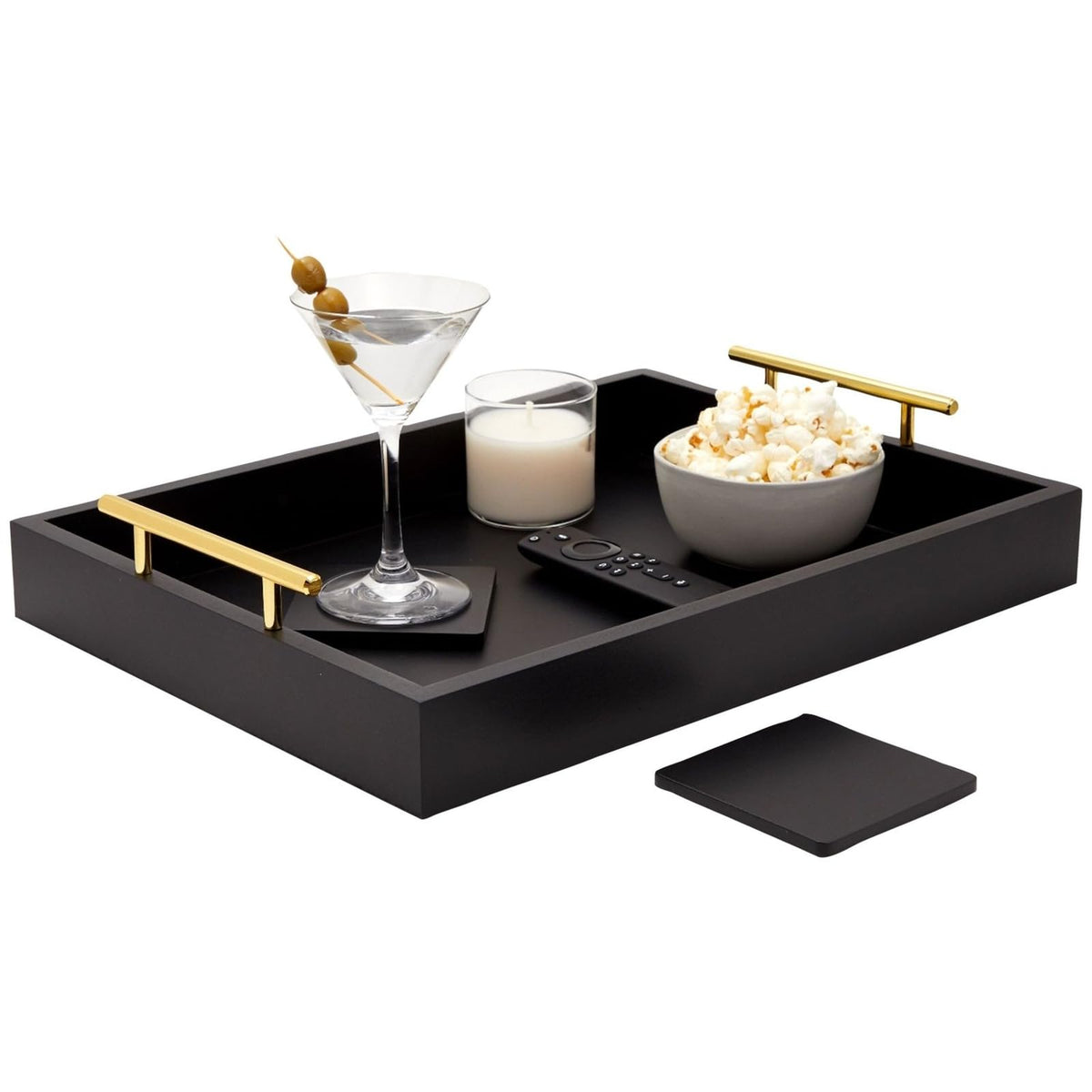 Bandeja de servicio Juvale en madera negra para desayunos elegantes.