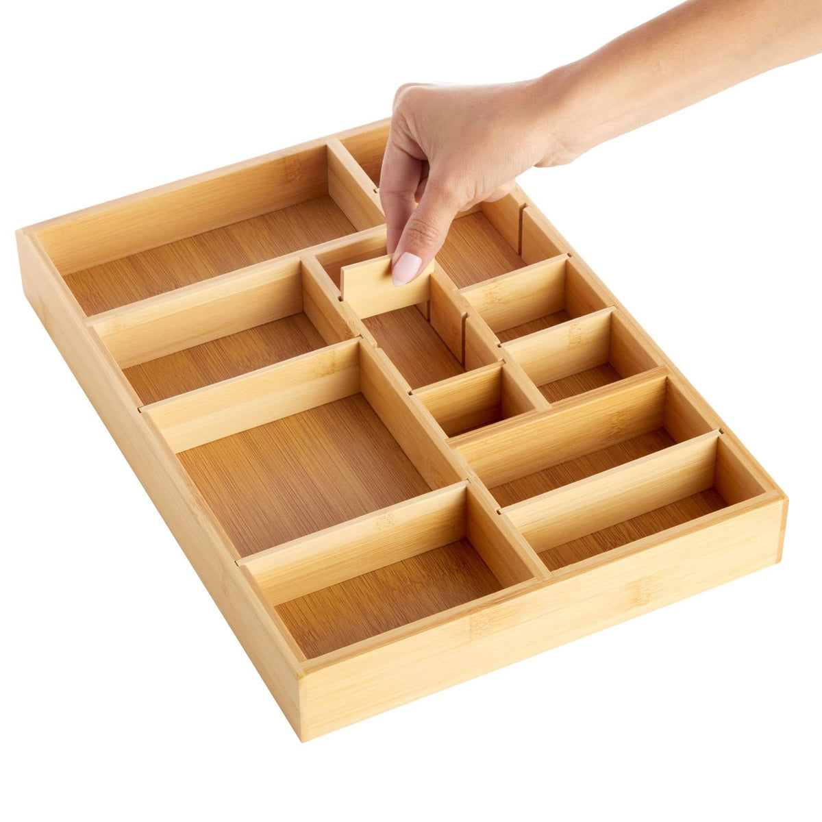 Juvale Organizador de cajón con bambú y 8 compartimentos para ordenar utensilios.