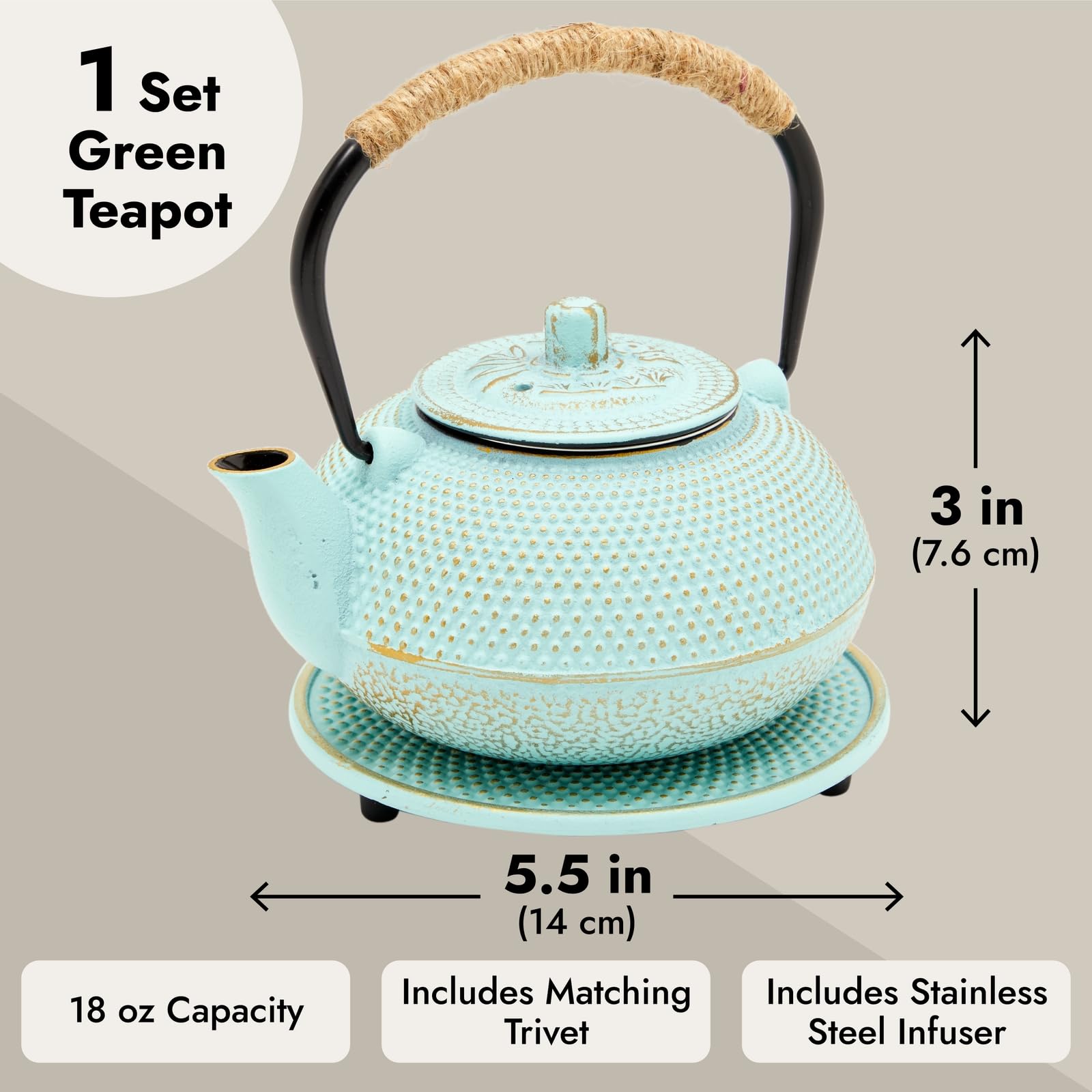 Juvale conjunto de té verde en hierro con infusor y trivet incluido