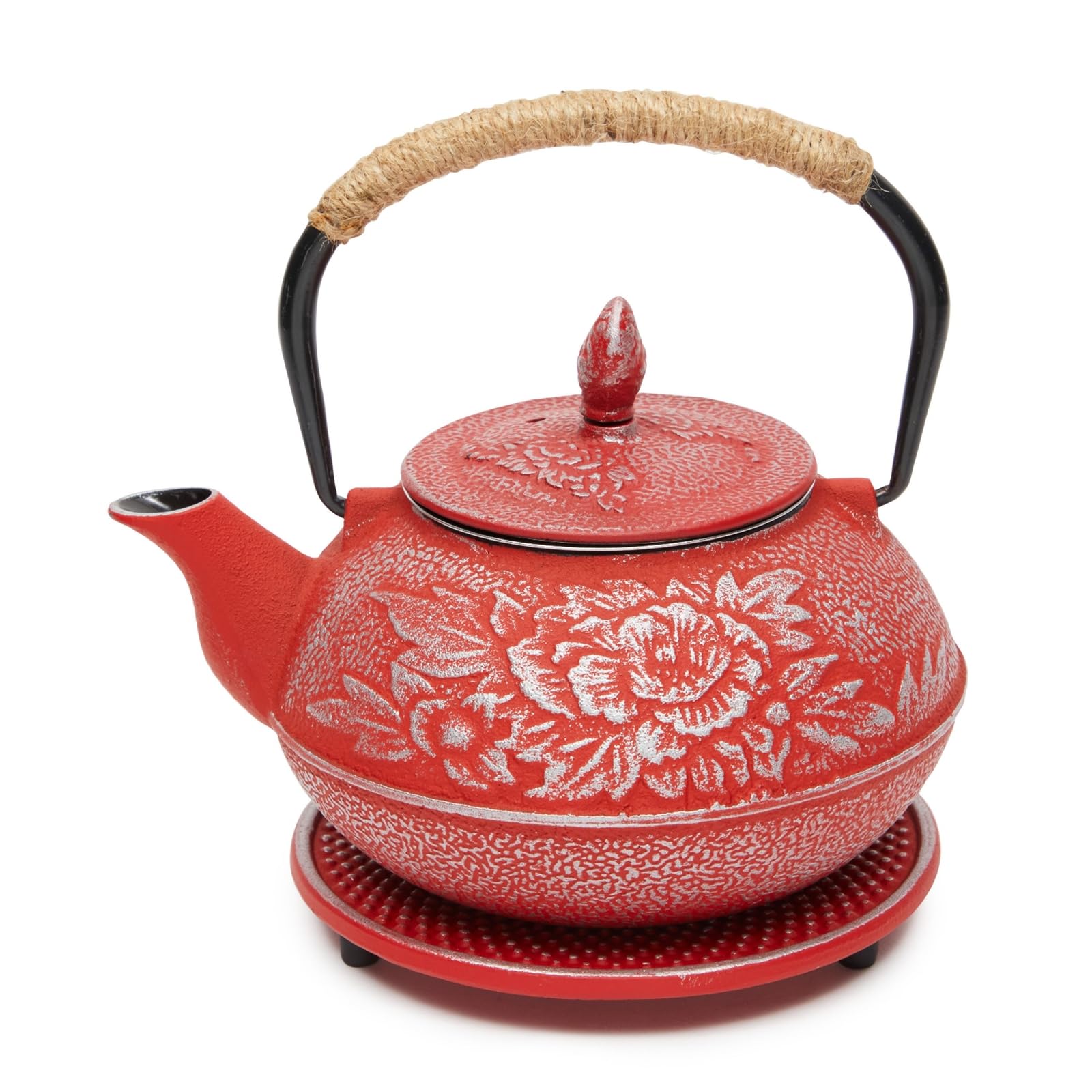 Juego de tres piezas: tetera, infusor y soporte para tetera incluido.