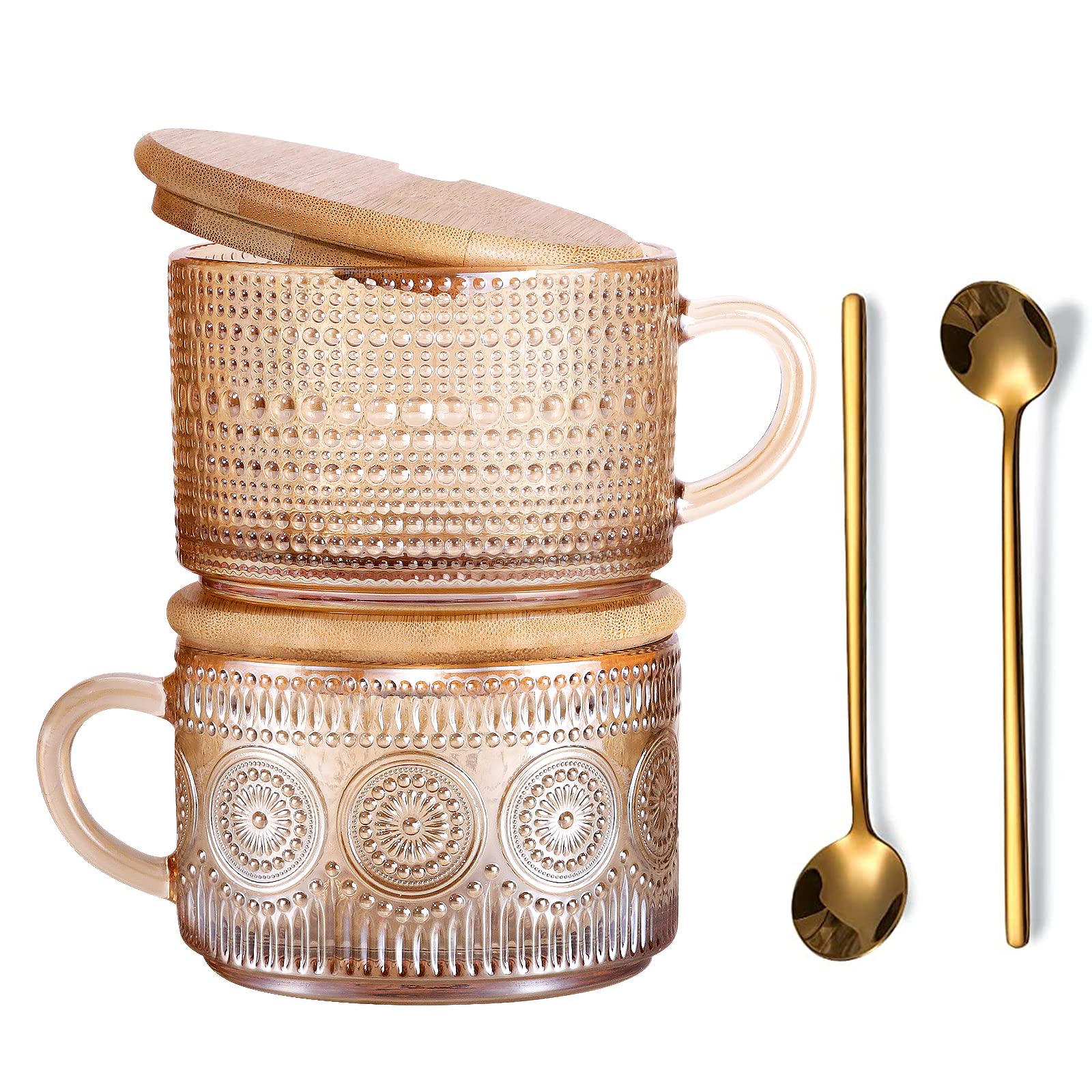 JVJRFQ, taza de vidrio ámbar con relieve de girasol, ideal para cappuccino cremoso.