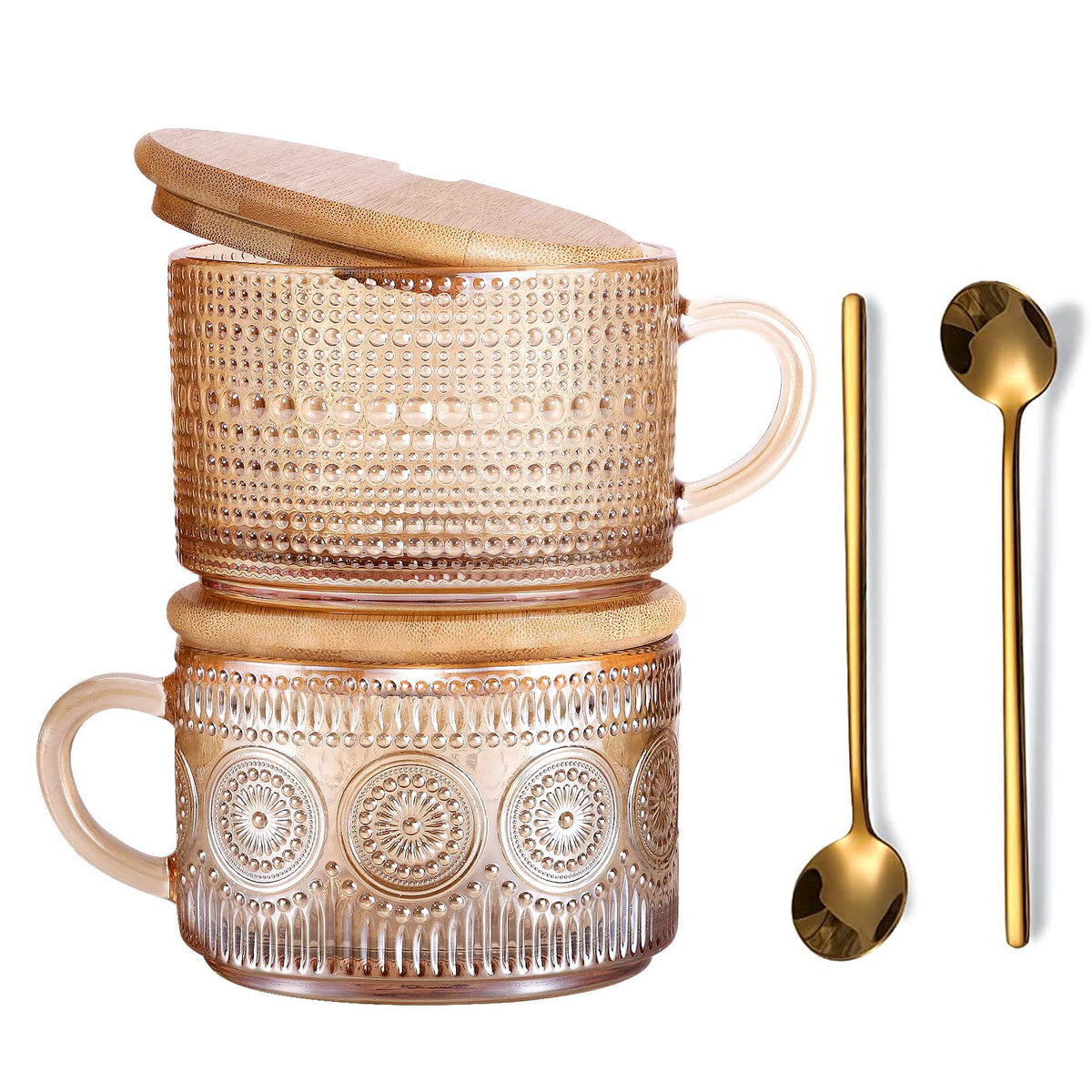 JVJRFQ, taza de vidrio ámbar con relieve de girasol, ideal para cappuccino cremoso.