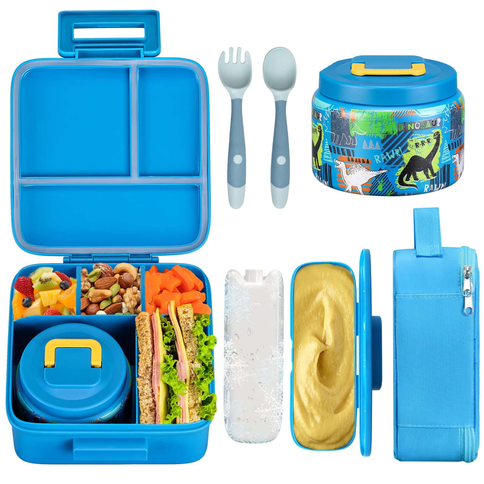 JXXM Bento para niños con dinosaurio azul mantiene la comida separada y fresca.