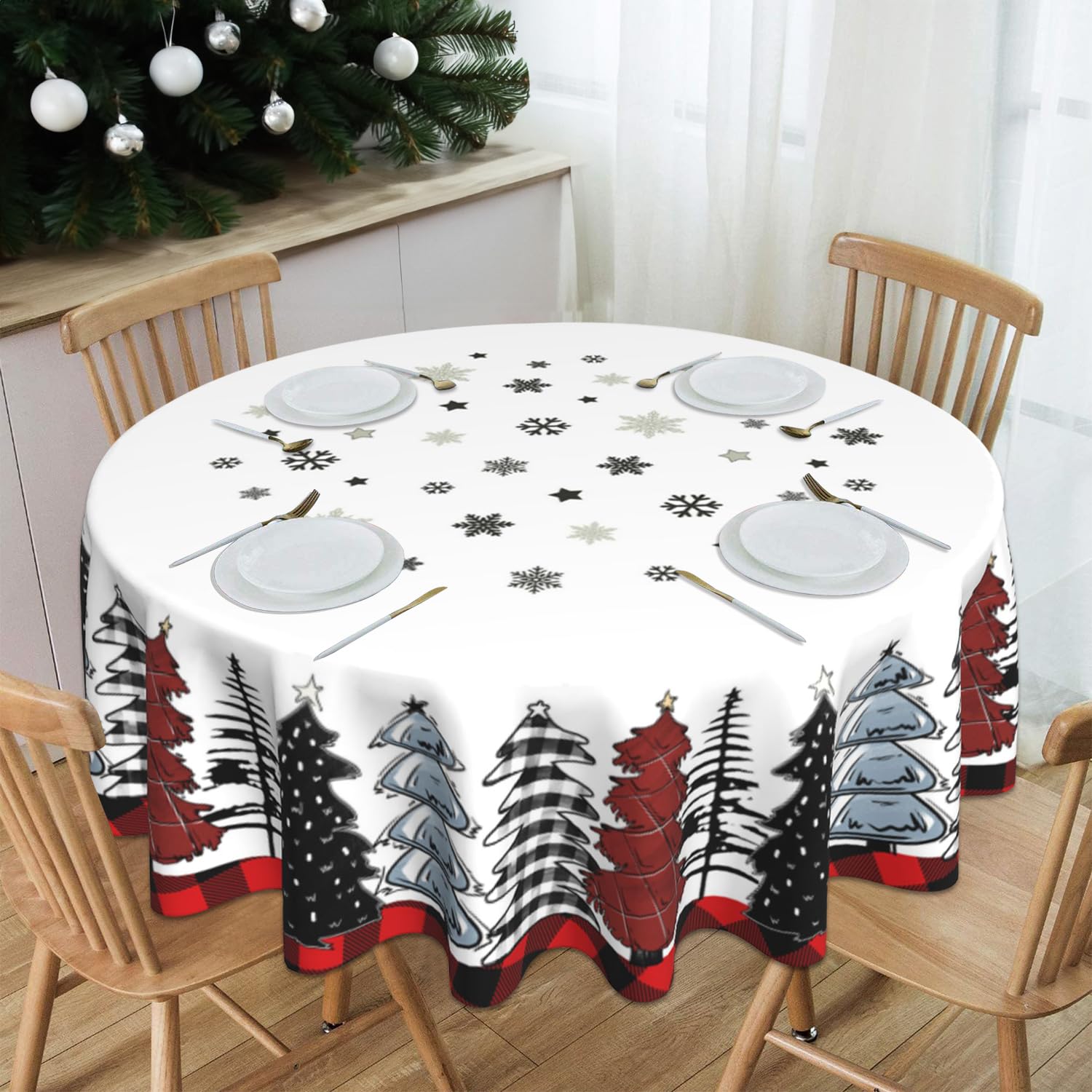 Mantel JYKCUL con árboles y copos, ideal para cenas festivas.