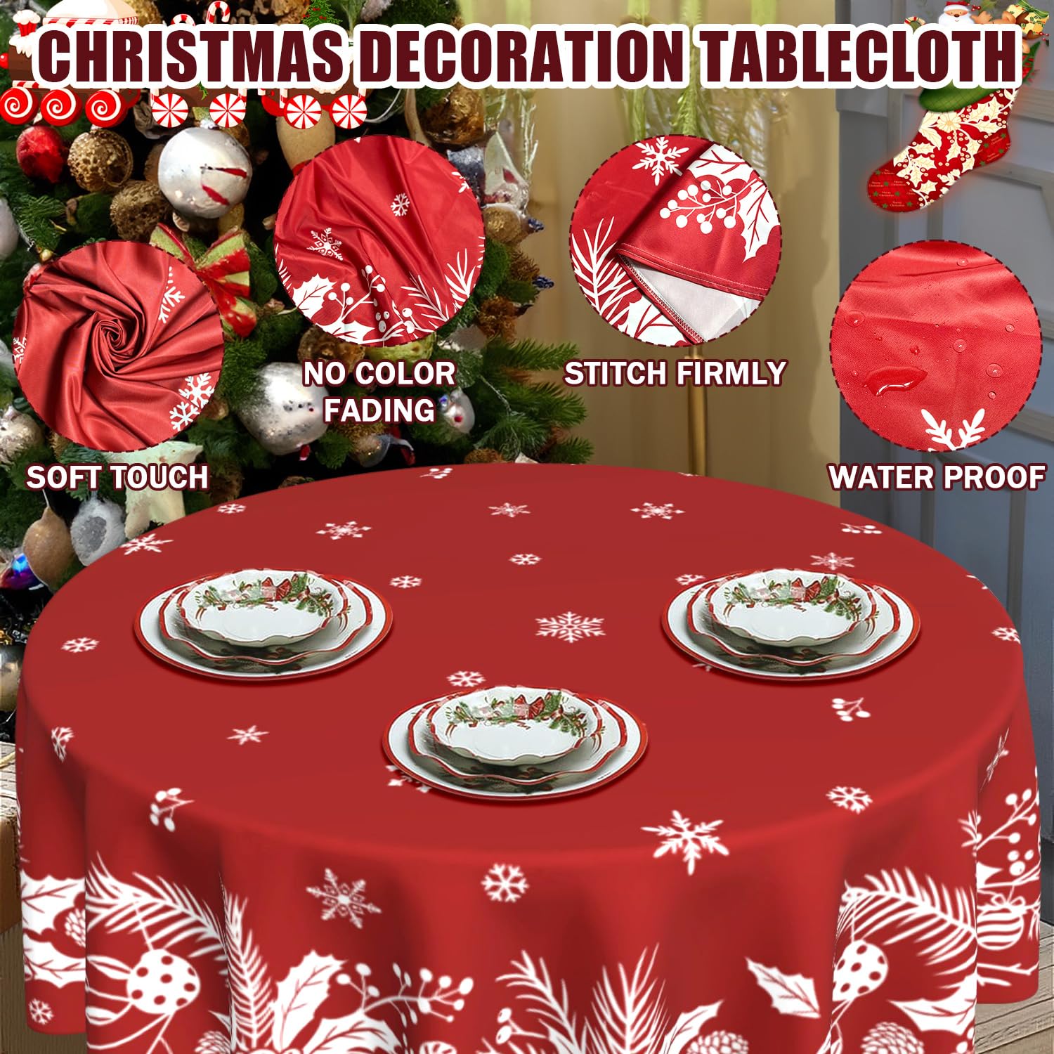 Mantel rojo clásico de JYKCUL, fondo navideño para mesas festivas