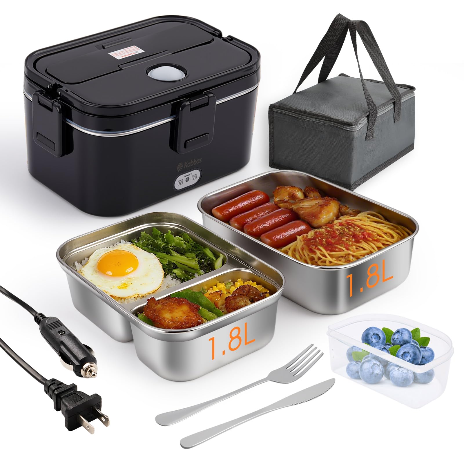 Kabbas lunchera eléctrica portátil con dos contenedores, ideal para calentar comida en la oficina.