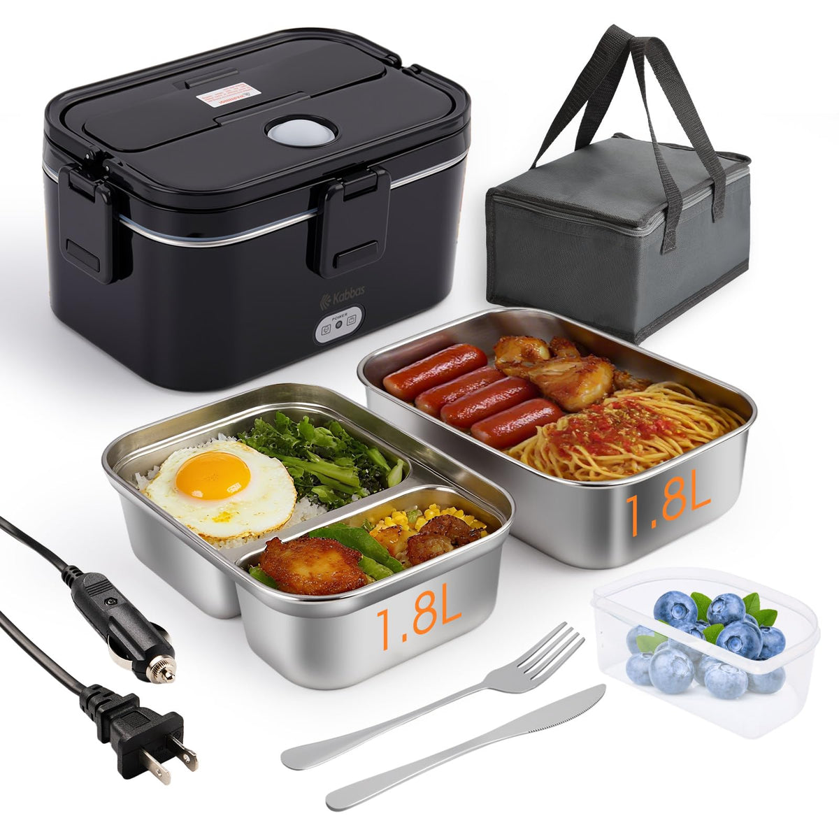 Kabbas lunchera eléctrica portátil con dos contenedores, ideal para calentar comida en la oficina.
