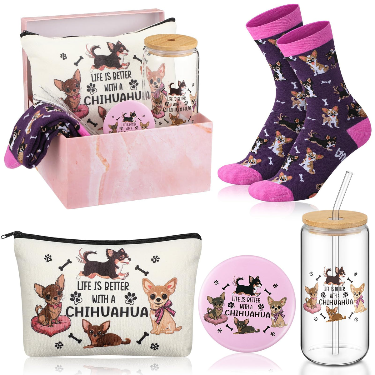 Vaso de cristal 16 oz con diseño chihuahua de Kacctyen, ideal para bebidas diarias