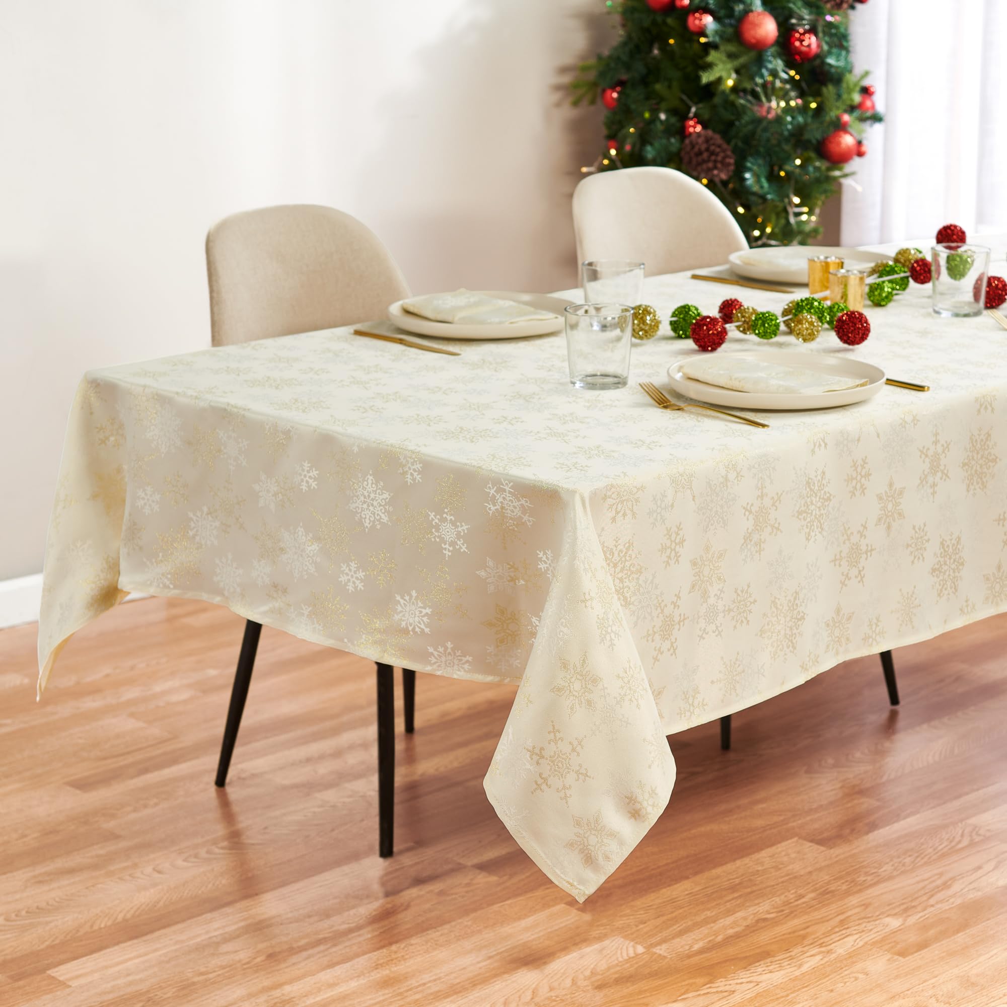 Kadut mantel navidad blanco dorado nieve: decora mesas festivas con elegancia.