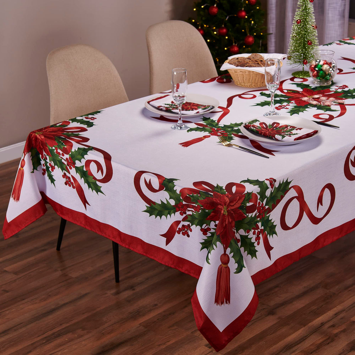 Kadut mantel navideno con cinta 60x126, ideal para cenas festivas sin manchas.