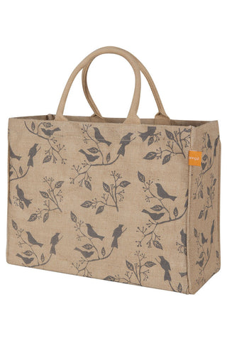 KAF Home bolsa de mercado de yute con impresion de pajaros, ideal para compras sostenibles