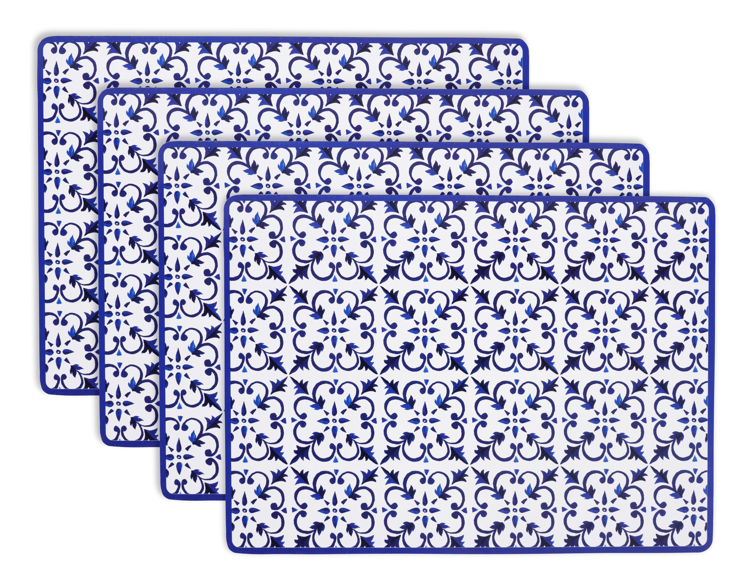KAF Home posaplatos de corcho Chateau azul con azulejo mediterráneo, acabado brillante para mesa diaria.