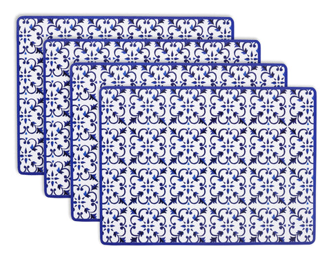 KAF Home posaplatos de corcho Chateau azul con azulejo mediterráneo, acabado brillante para mesa diaria.