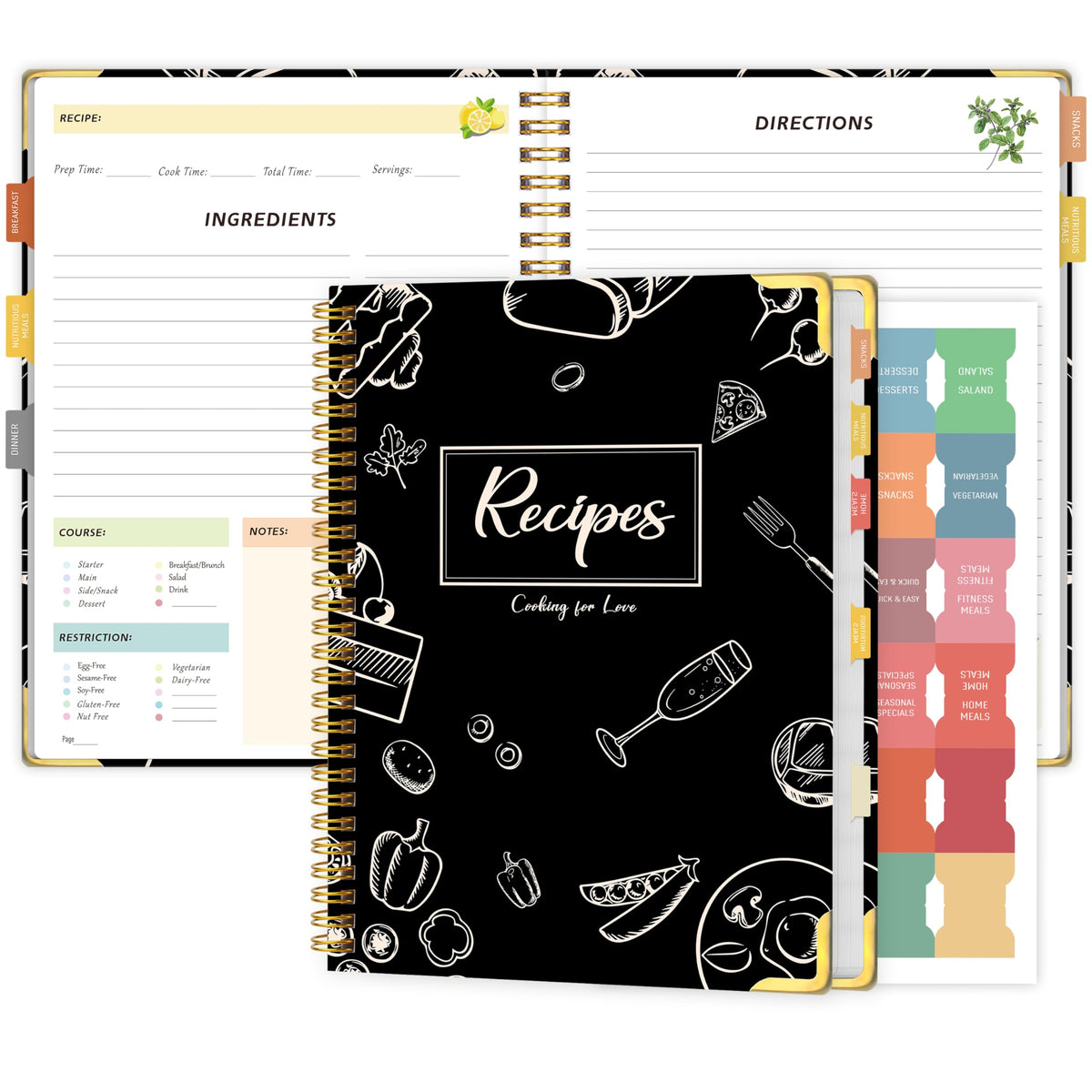 KAICN libro de recetas, portada negra y espiral, ideal para uso diario en la cocina.