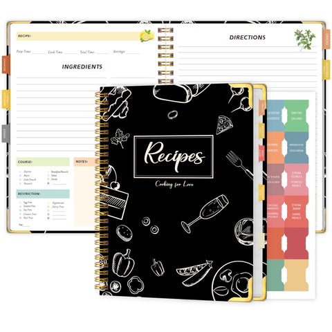 KAICN libro de recetas, portada negra y espiral, ideal para uso diario en la cocina.