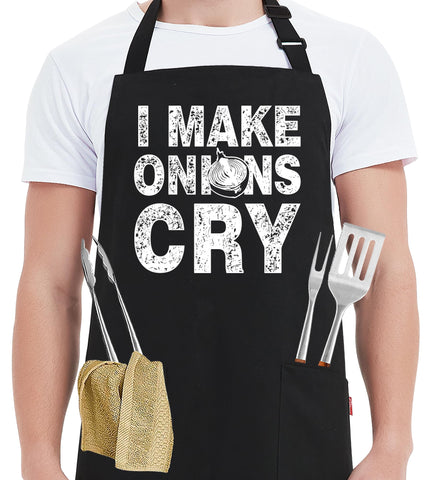 Delantal Kaidouma con la frase 'Hago llorar a las cebollas', perfecto para cocinar y asar.