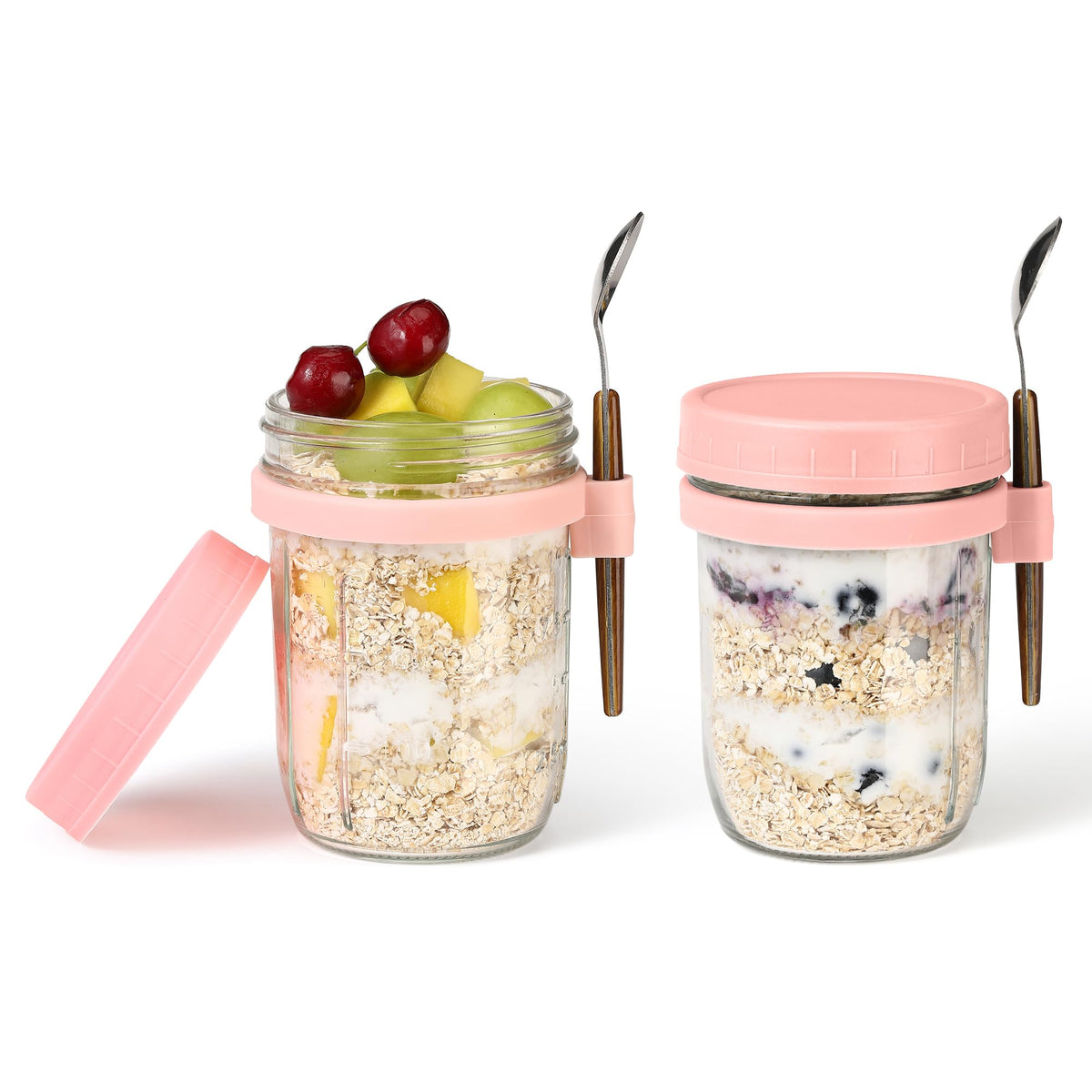 KAIZHOUZHOU tarros de vidrio para avena nocturna con tapa rosada y marcas de medida.