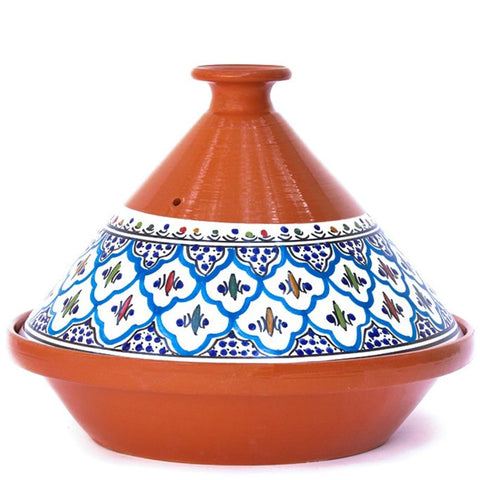 Olla tagine Kamsah de cerámica turquesa completa para cocción lenta y sabor intenso.