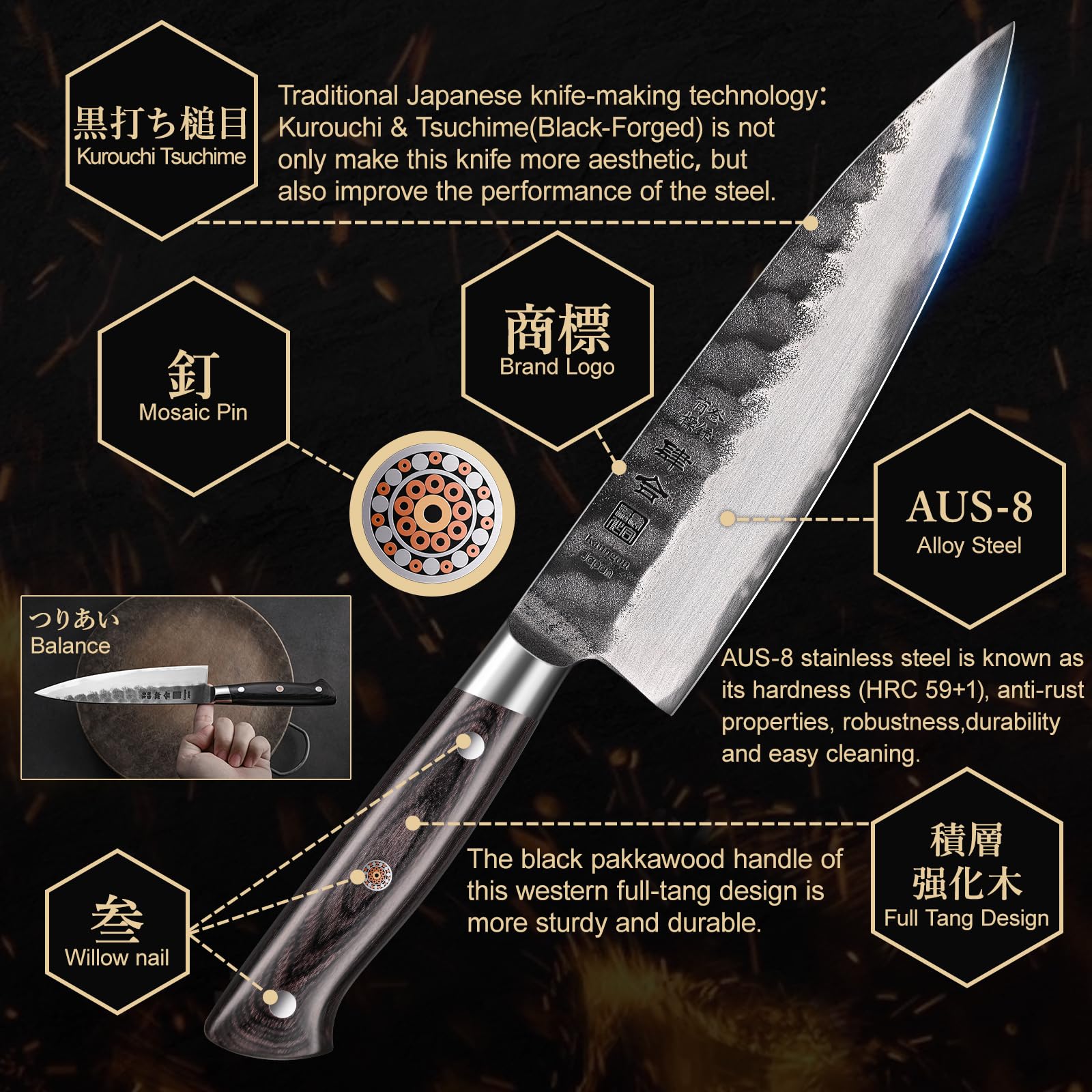 Kanngou cuchillo 8 pulgadas para cortar verduras con precisión.