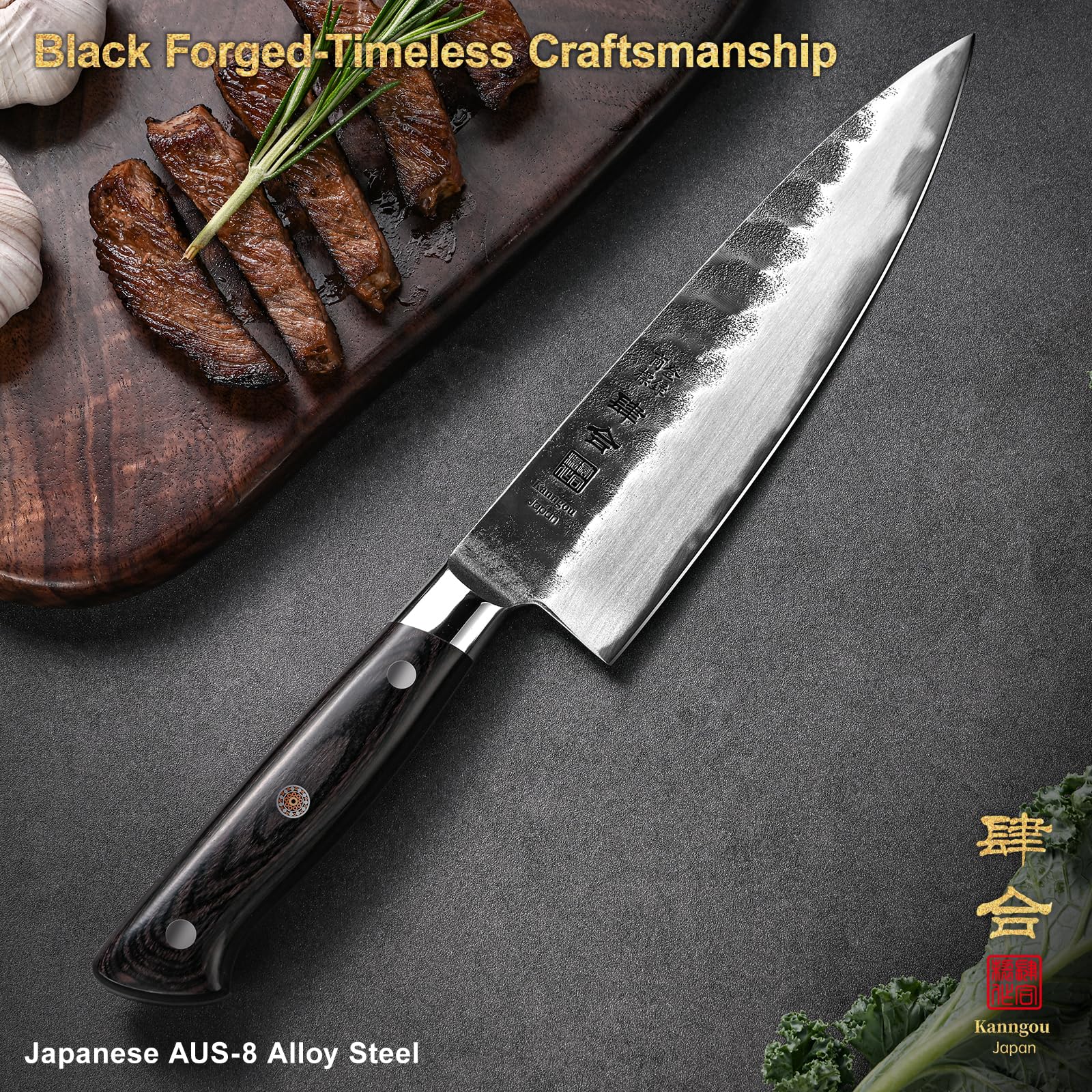 Cuchillo Kanngou, mango pakkawood negro para agarre cómodo.