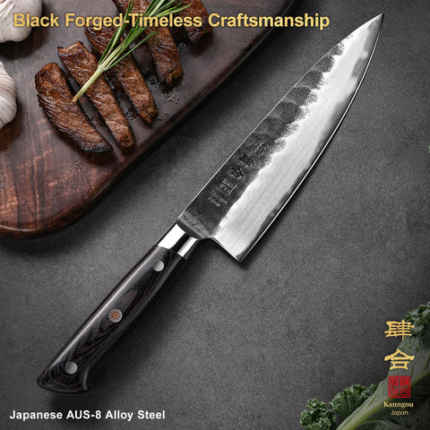 Cuchillo Kanngou, mango pakkawood negro para agarre cómodo.