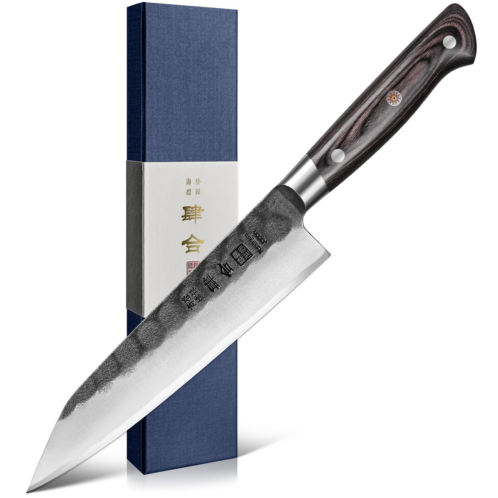Cuchillo kanngou kiritsuke negro forjado, filo afilado para cortes precisos.