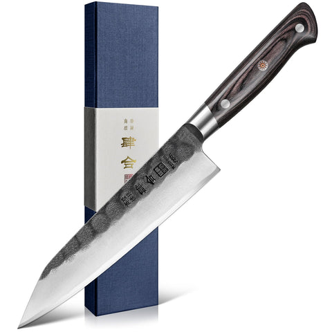 Cuchillo kanngou kiritsuke negro forjado, filo afilado para cortes precisos.