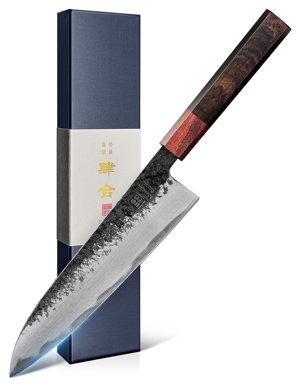 Cuchillo kanngou Gyuto vista de la hoja con textura tsuchime para durabilidad