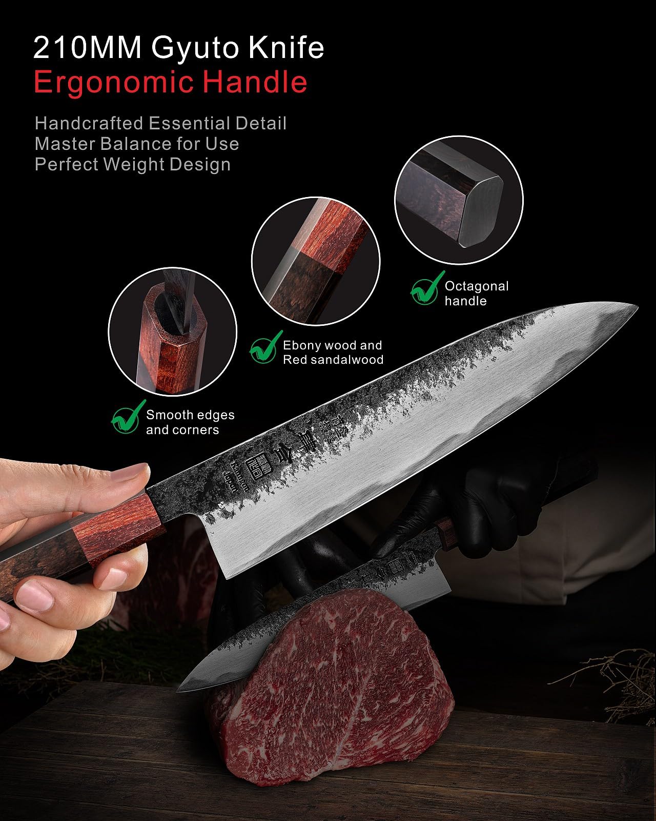 Cuchillo kanngou Gyuto mango de ébano y sándalo rojo para agarre cómodo