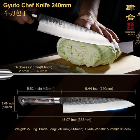 kanngou cuchillo gyuto 240mm mango pakkawood ergonómico para mayor control
