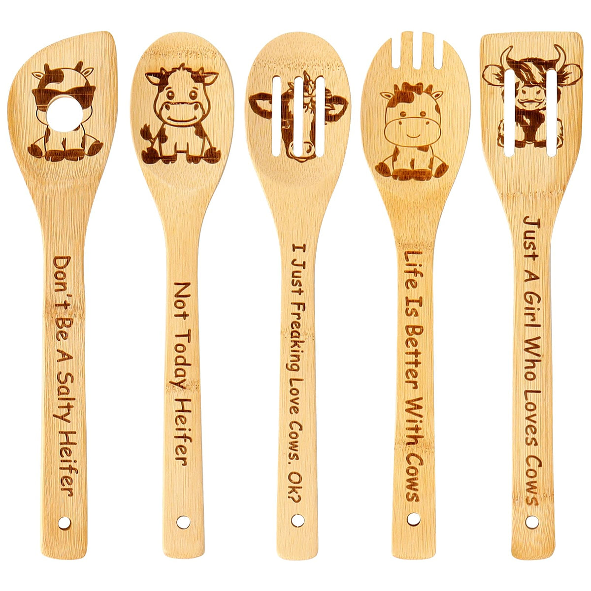 Kannitty cucharas de bambú con diseño de vaca para cocinar con suavidad