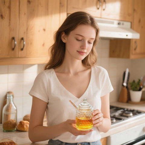 kanpura jarro miel cristal diseño elegante para mesa y cocina.