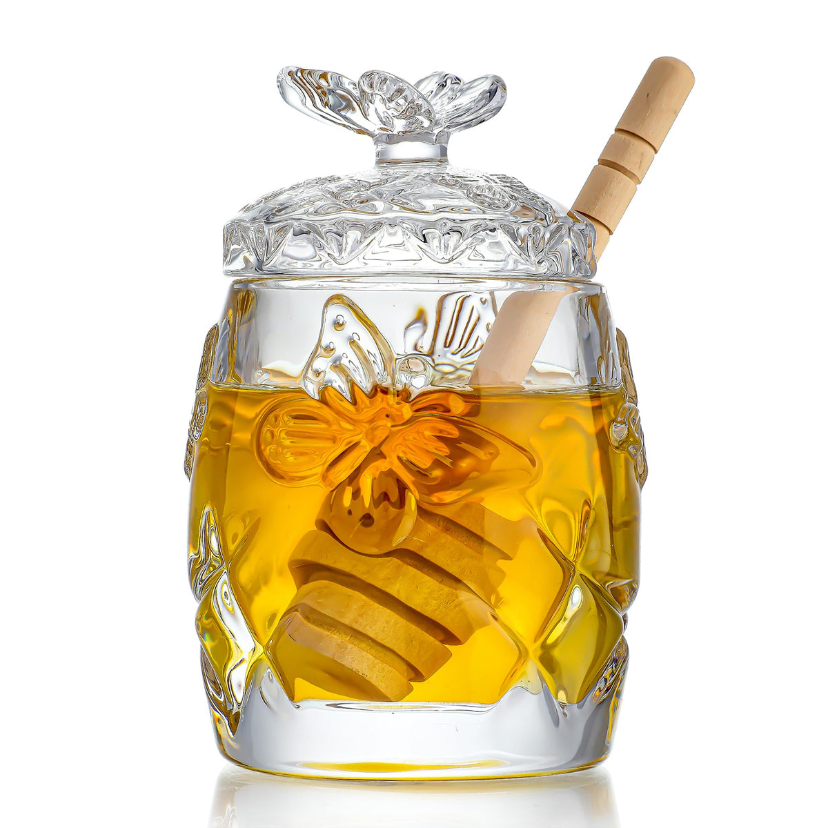 Kanpura tarro de miel cristal con palillo de miel, ideal para servir.