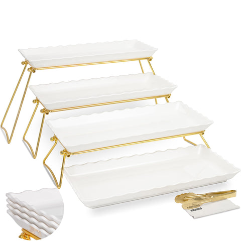 KAQAHIDO bandeja 4 niveles dorada y blanca, ideal para buffets elegantes y presentaciones.