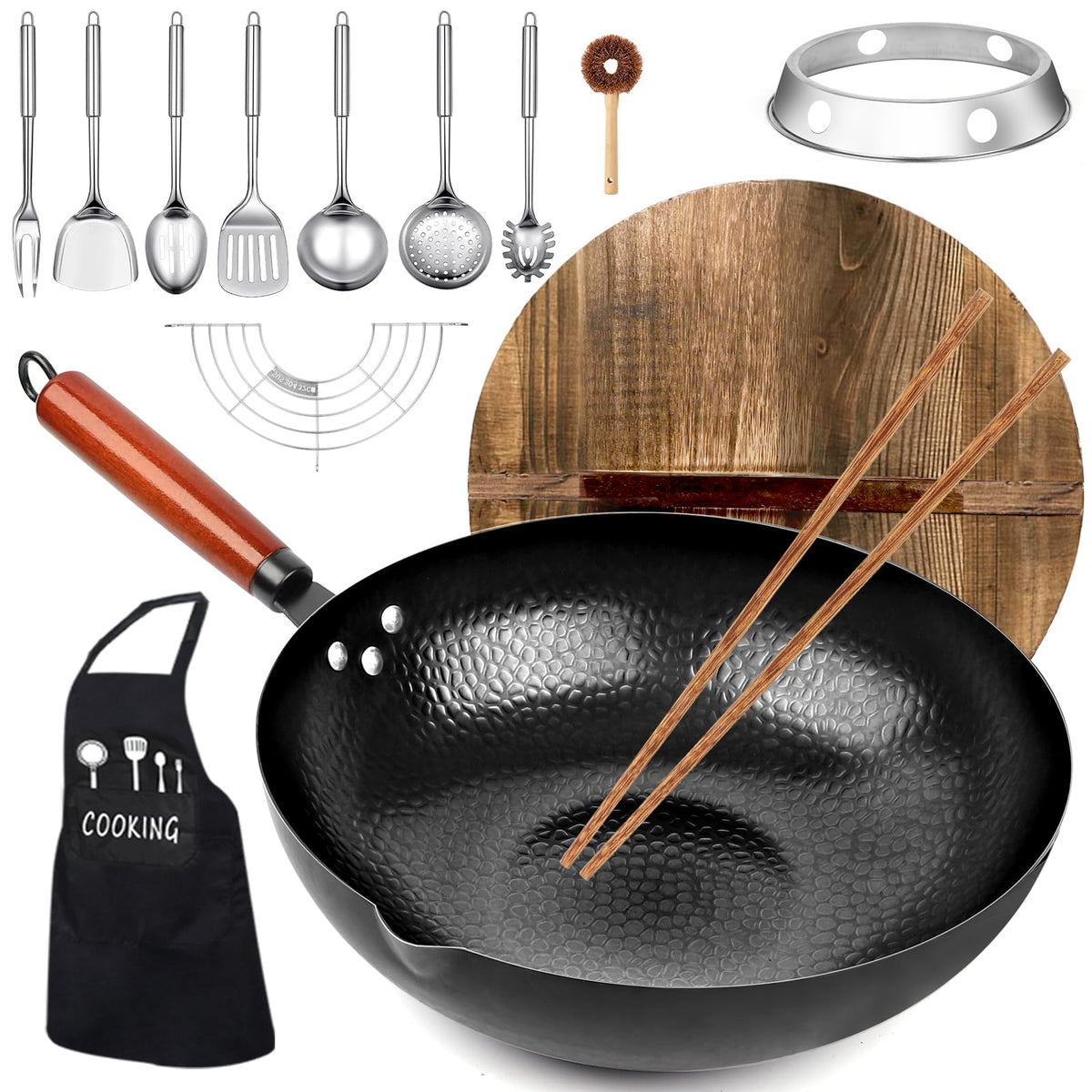 KAQINU conjunto wok con tapa de madera para cocción estable y elegante.