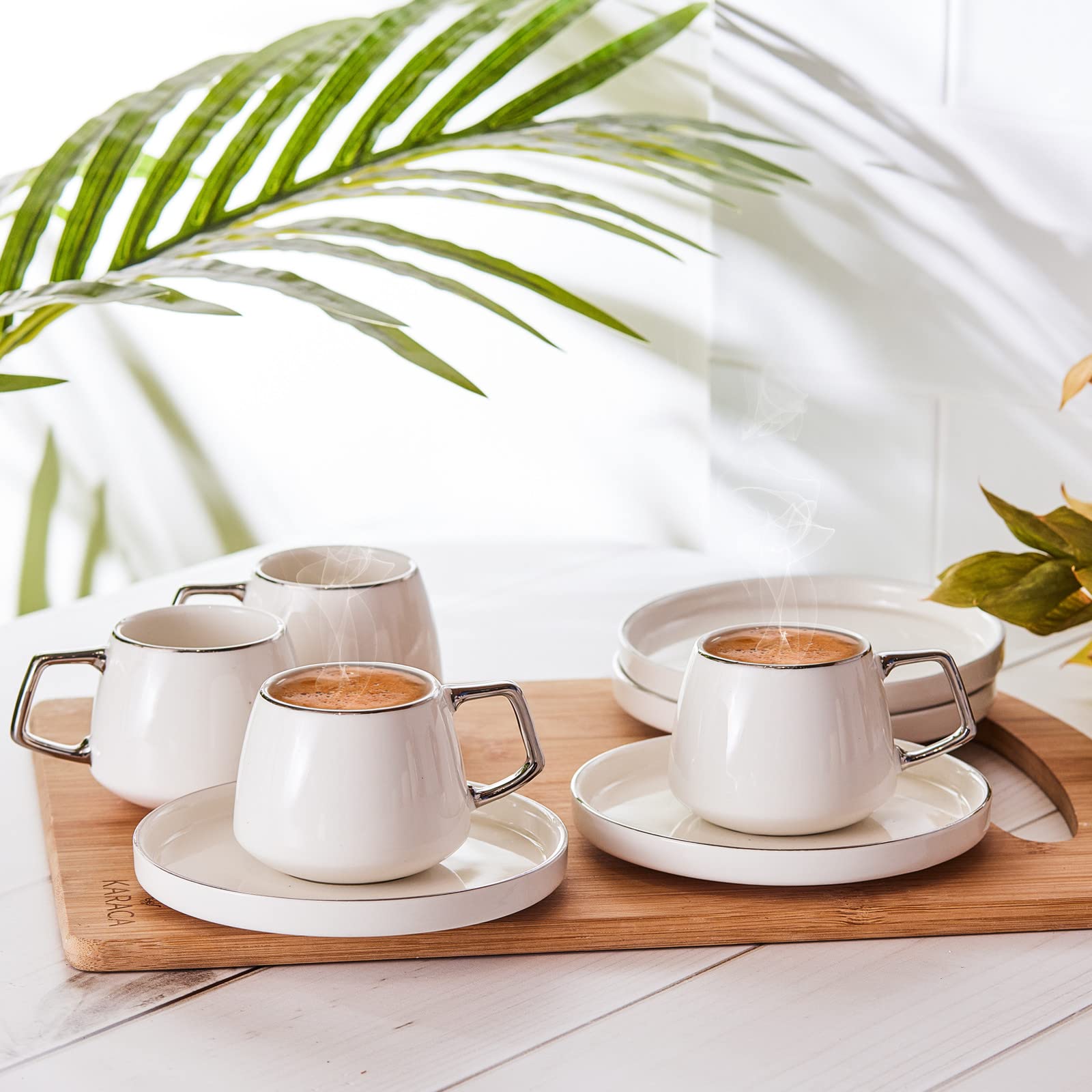KARACA Saturn Platin: tazas blancas para café turco, perfectas para servir en reuniones.