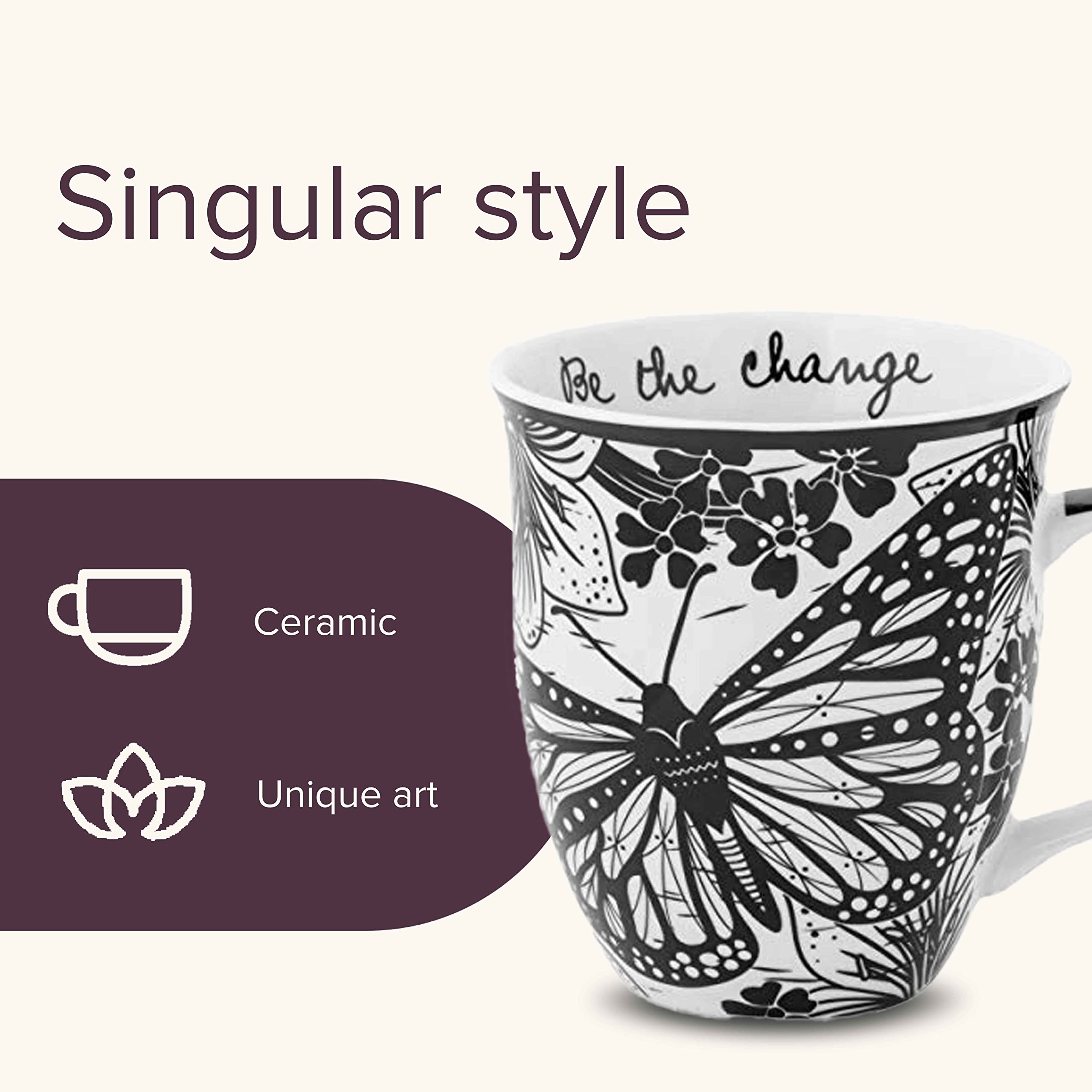 Taza cerámica Karma Boho, mariposa en blanco y negro para regalo especial