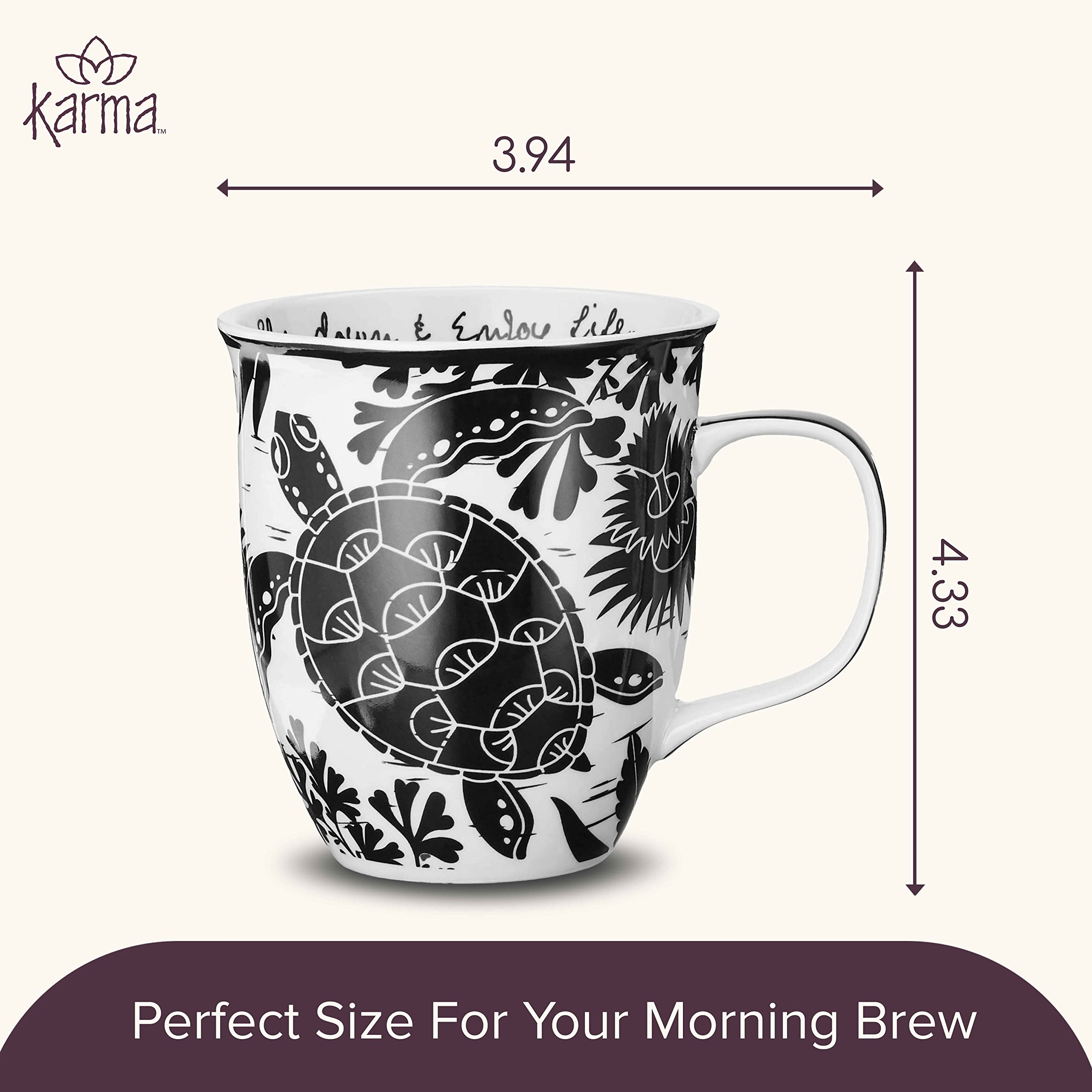 Karma taza de dieciseis onzas para café o té, segura para microondas.