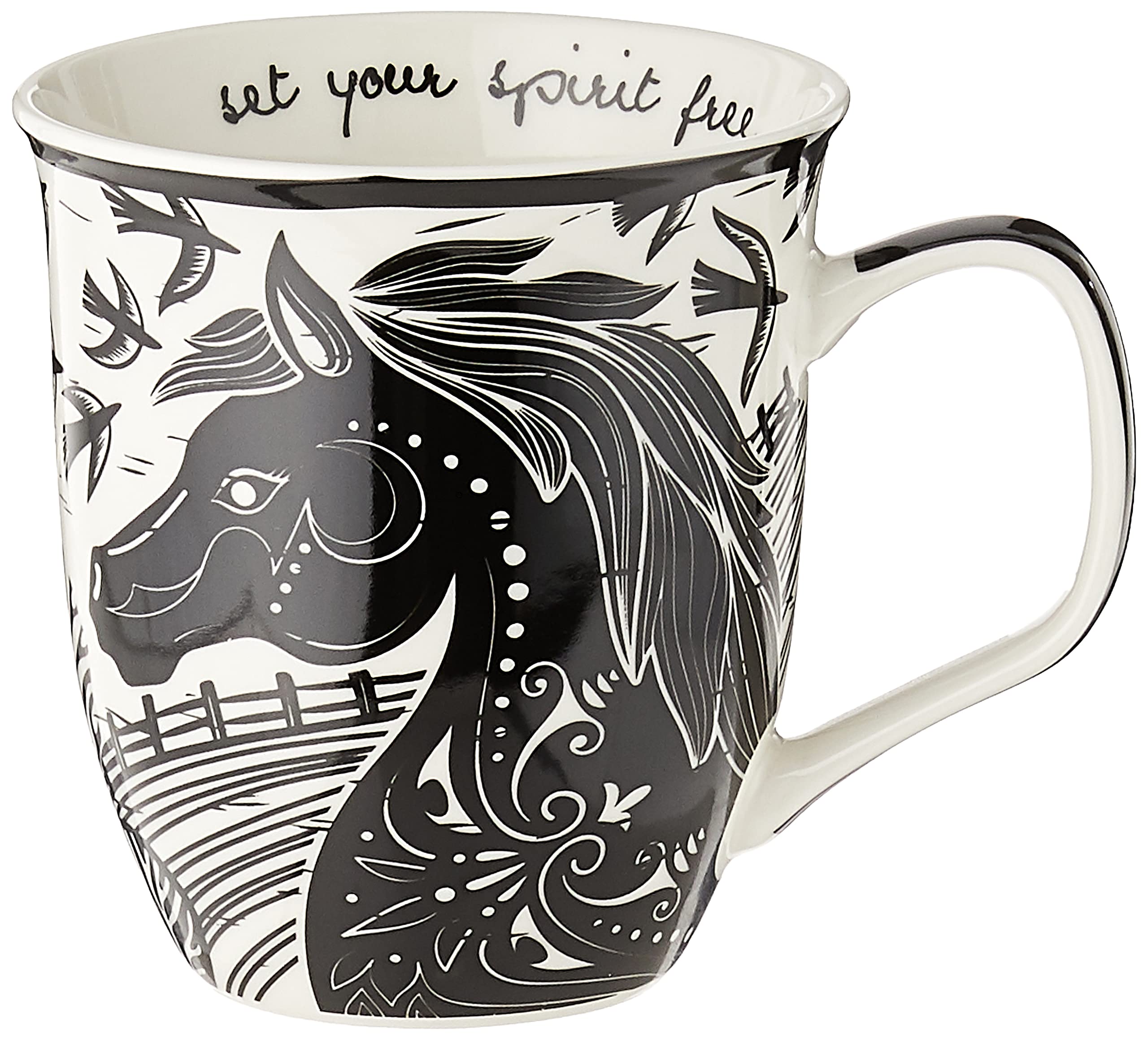 Karma taza boho con caballo blanco y negro, perfecta para café diario.