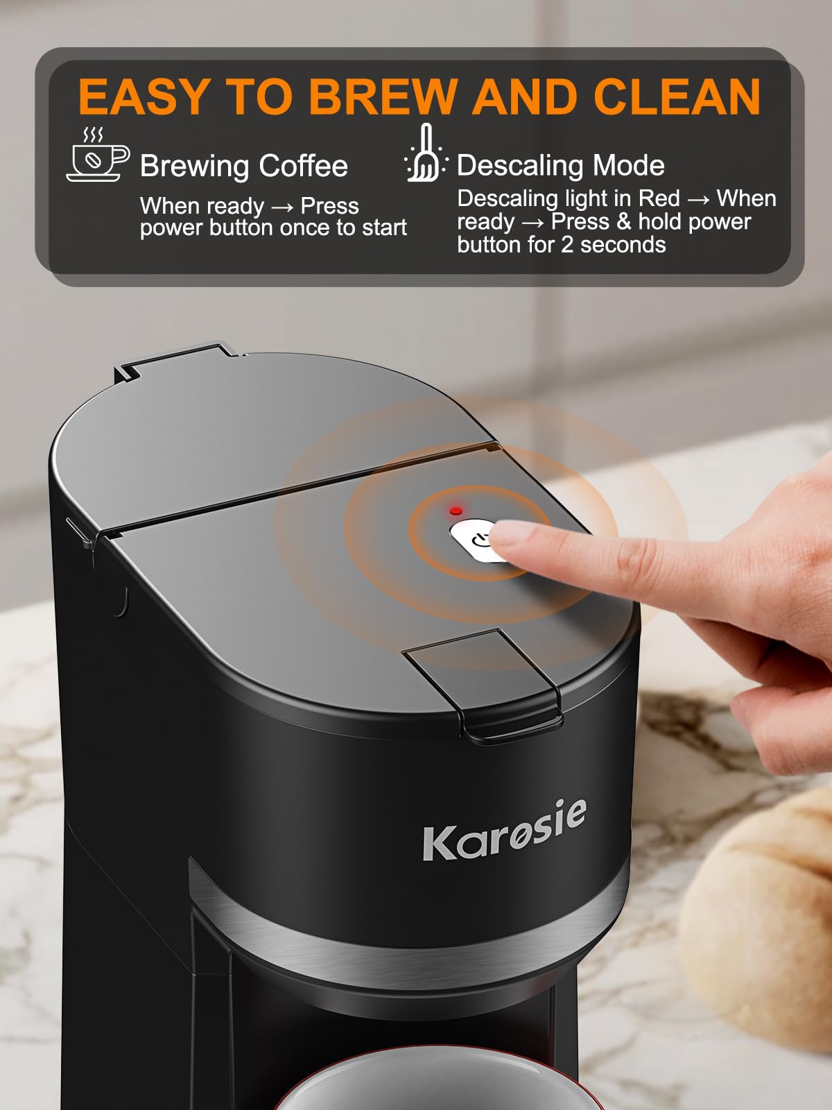 Karosie cafetera diseño compacto, ideal para cocinas pequeñas y espacios reducidos.