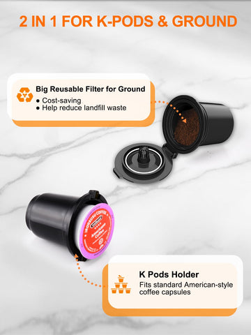Karosie cafetera, compatible con K-Cup y café molido para personalizar sabores.