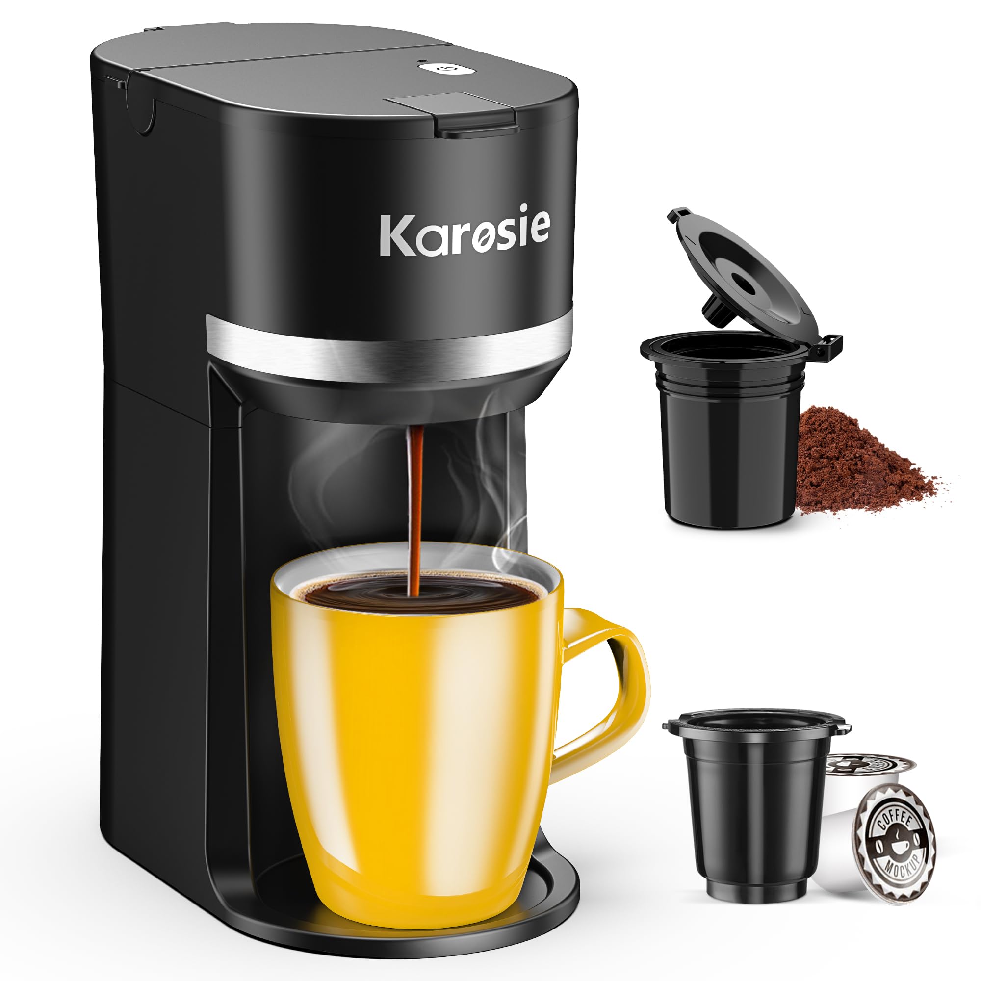 Karosie cafetera de una taza, vista frontal para un café rápido.