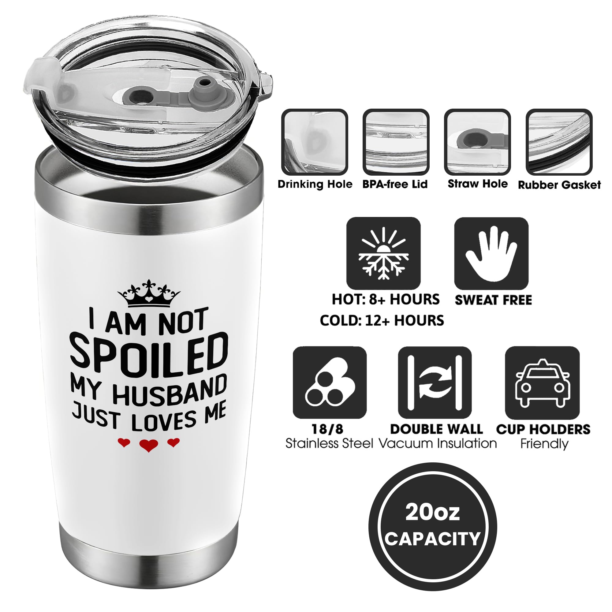 KatAndNat Tumbler blanco 20 oz, portable para bolsos y salidas.