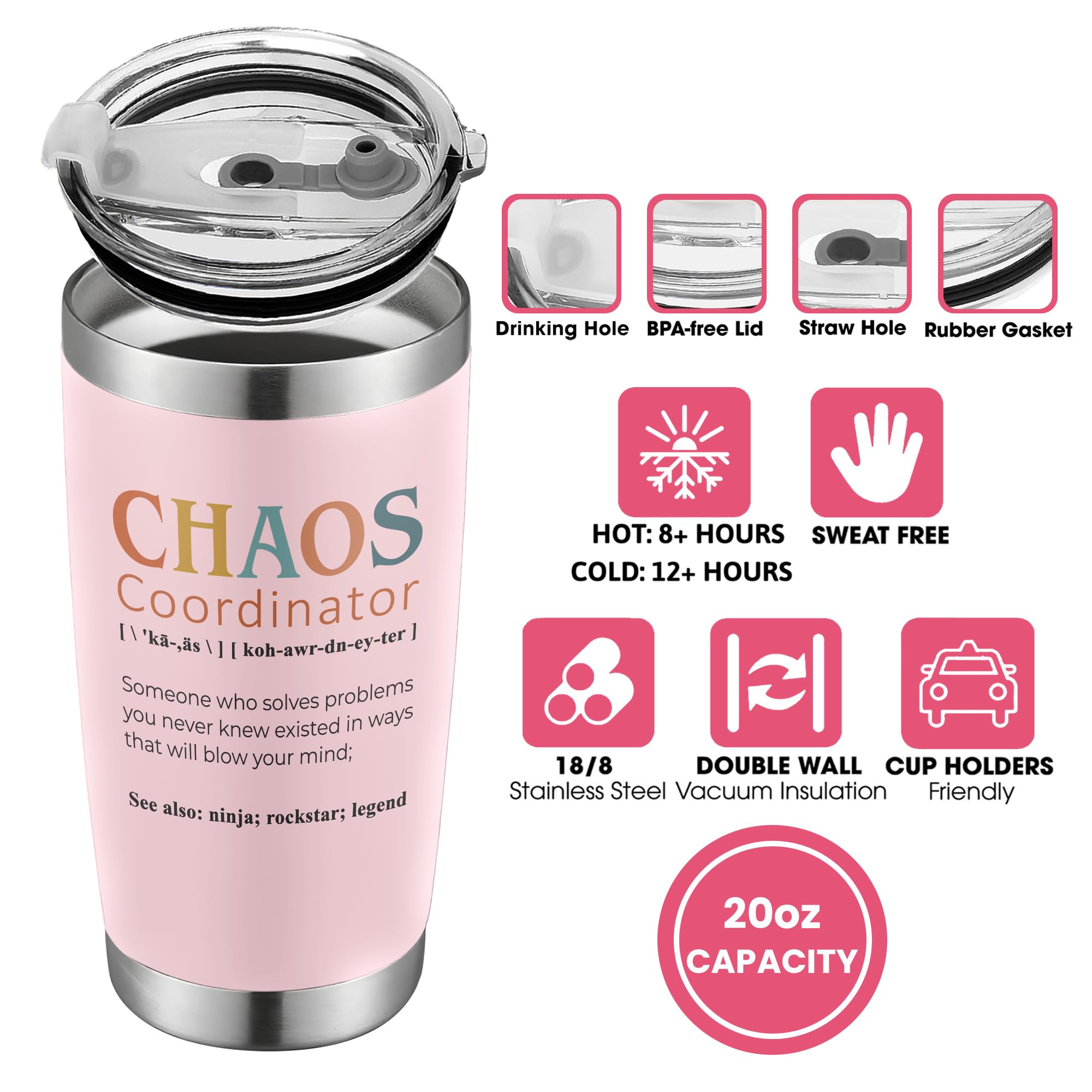 KatAndNat Tumbler doble pared con aislamiento rosa, evita condensación.