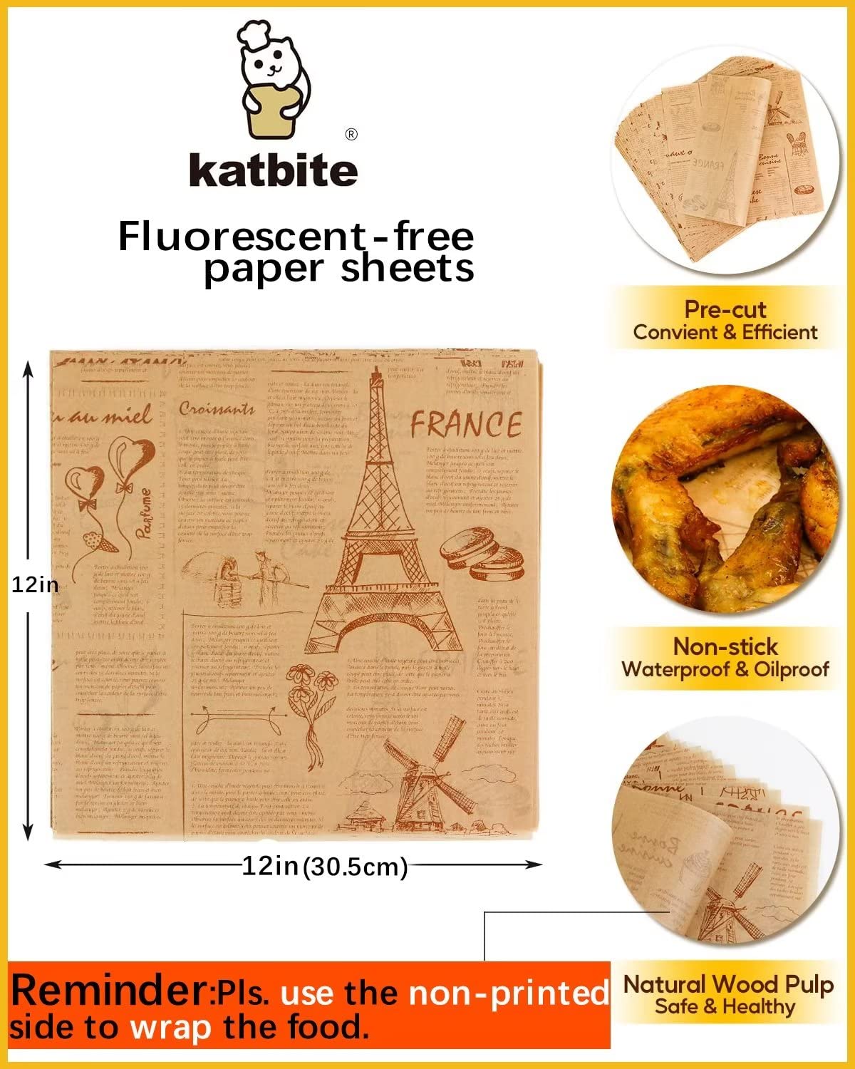 Katbite papel-antiadherente 12x12, evita manchas de grasa al envolver alimentos.